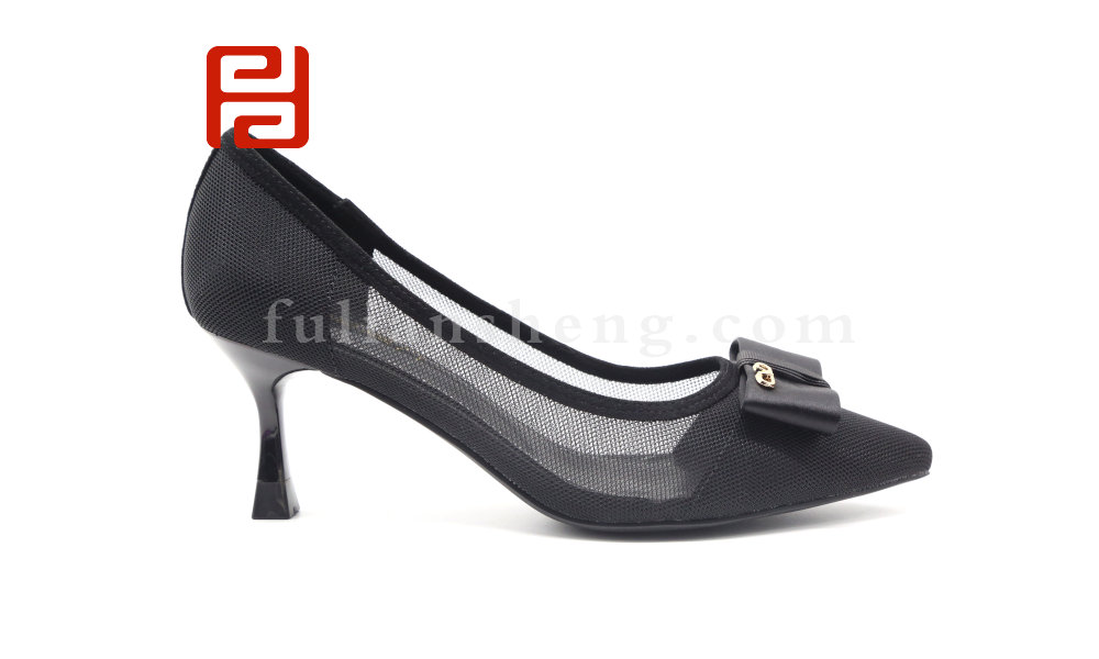 福連升夏季蝴蝶結(jié)小香風裸色網(wǎng)紗細跟涼鞋女淺口中跟女鞋圖片